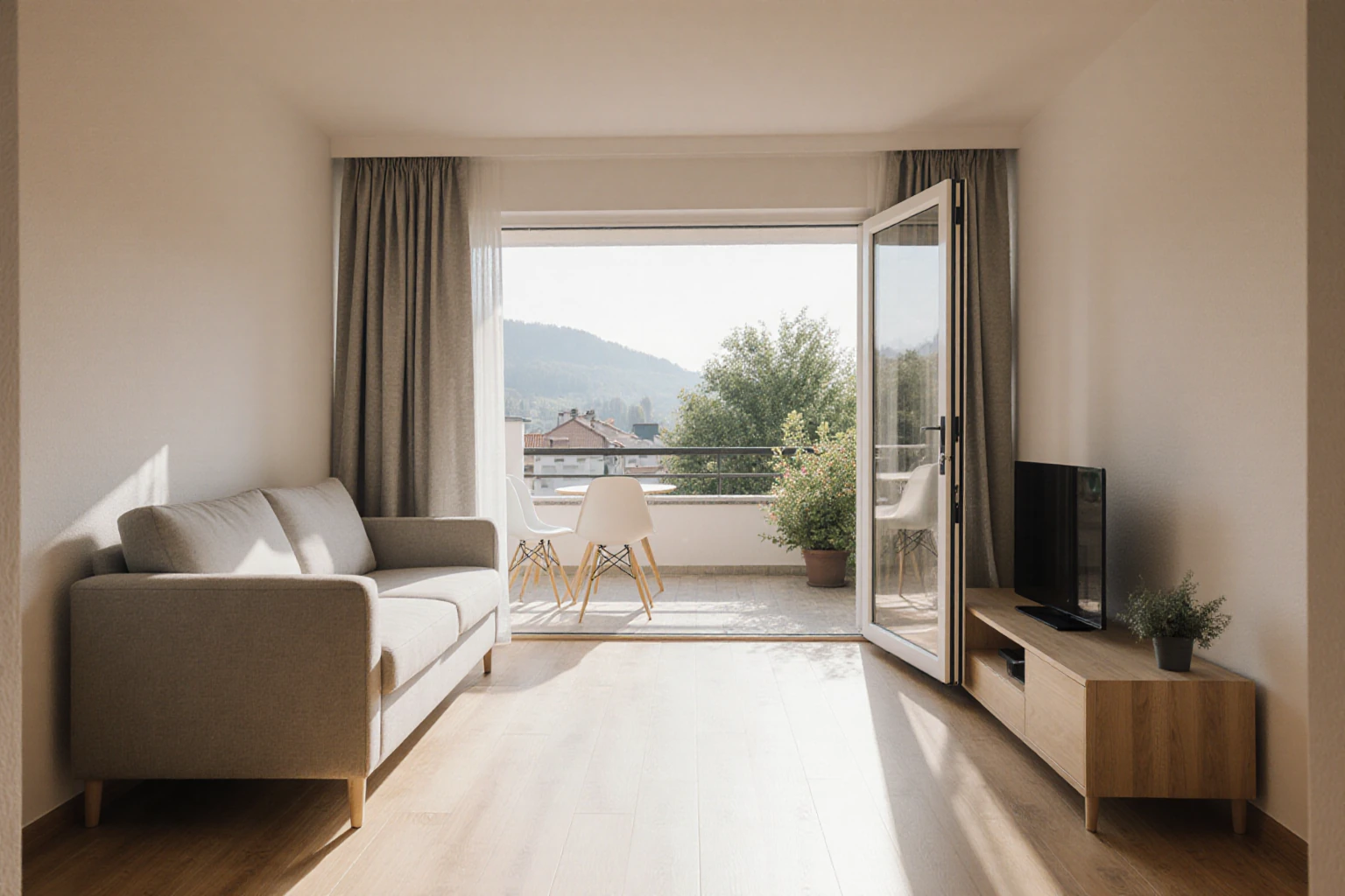 Heller Wohnraum mit offenem Zugang zum Balkon